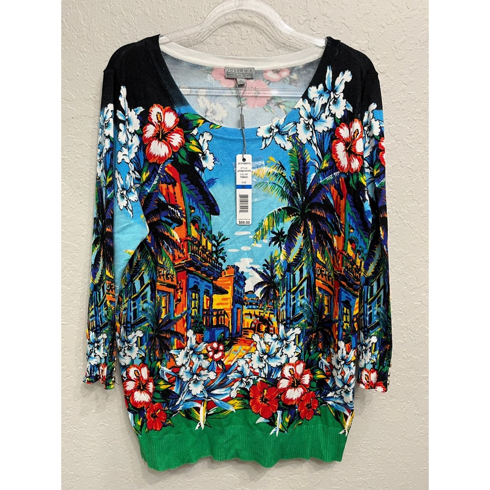 New Joseph A Tropical Landscape Light Sweater XL Floral Palm Tree Knit Stretch
